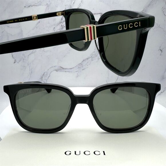 Gucci Sunglasses Mens Black Enamel & Metal Web Red Green Gold 54mm Italy - Picture 1 of 13
